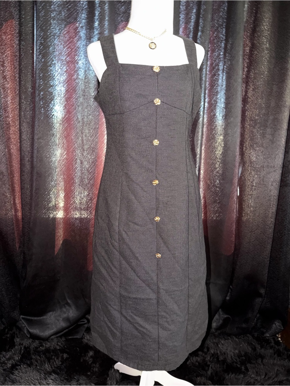 Classic Black Button-Front Midi Dress